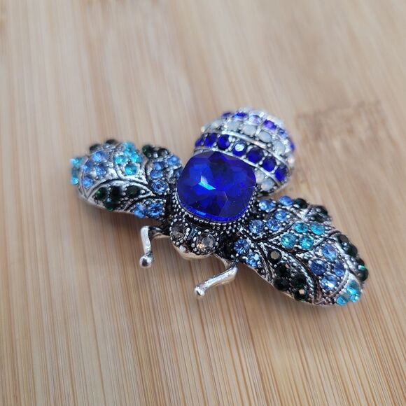 Brand New 2 In 1 Blue Bumblebee Silver Tone Rhinestone Brooch Pin & Pendant - Picture 5 of 6